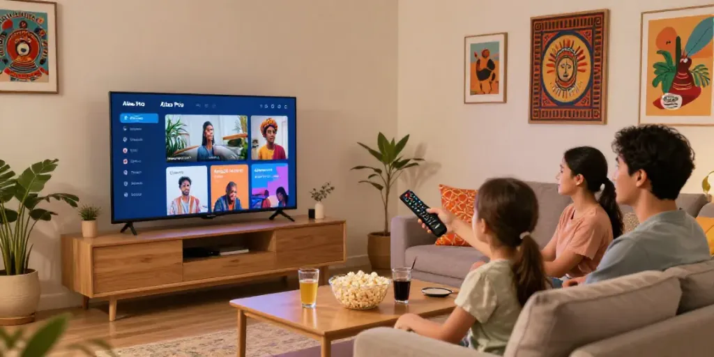 Famille profitant de l'application atlas pro iptv dans un salon moderne.