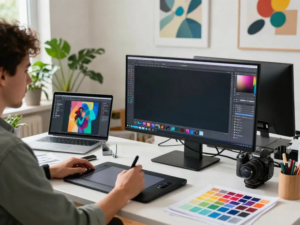 NSFW AI image creation process in a vibrant digital art studio.