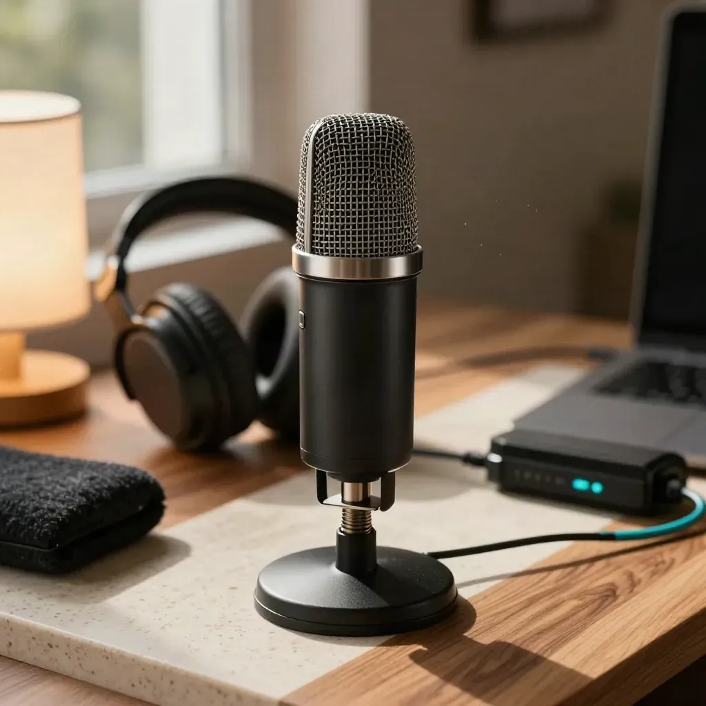 Micro et casque dans un mini-studio d’atelier en ligne, lumière chaude sur travertin et bois.