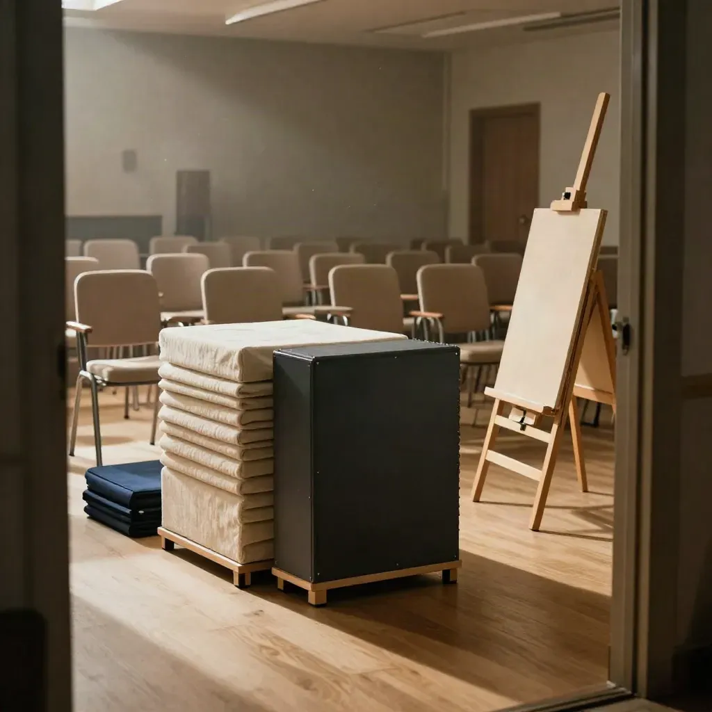 Salle de formation prête, chaises vides, modules empilés et chevalet, lumière chaude.