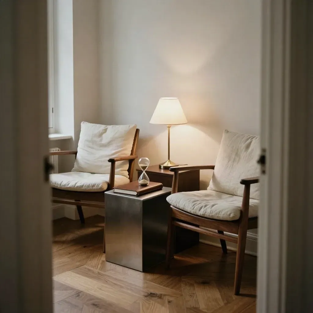 Coin de coaching feutré avec deux fauteuils vides, sablier et lampe sur pied.