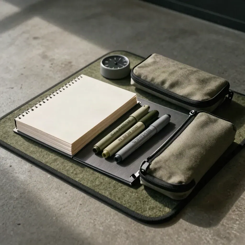 Kit premium de préparation aux certifications vu en plongée diagonale, sur fond texturé gris-olive.