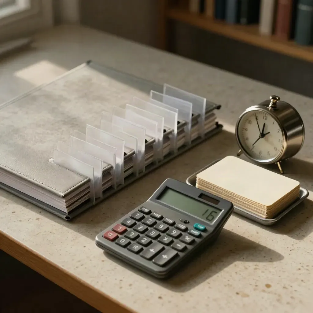 Kit de révision comptable premium sur travertin, binders fermés, calculatrice et minuteur.