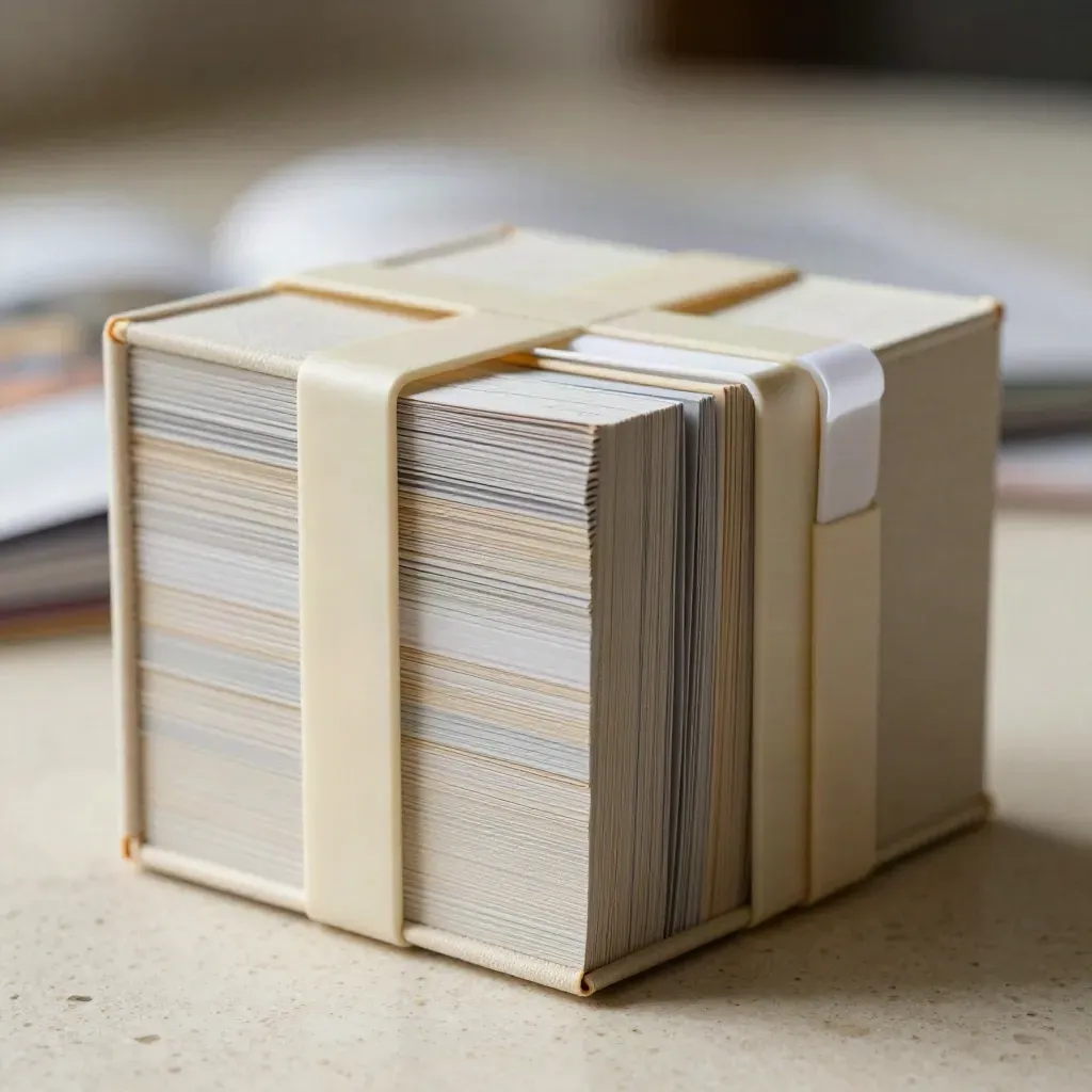 Empilement de modules pédagogiques en travertin, cartes d’exercices et boîte sobre, lumière douce.