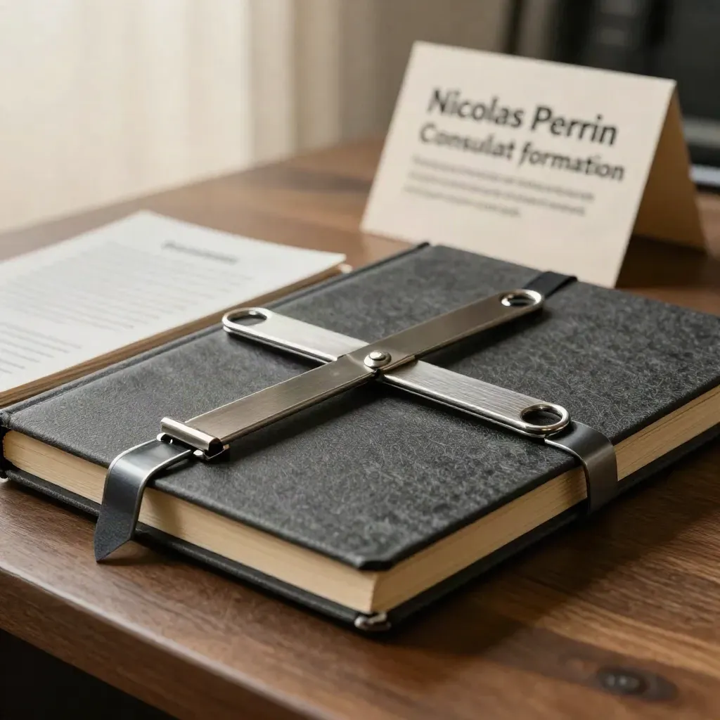 Carnet fermé, cartes de parcours et clips acier sur un plan de travail en clair-obscur.