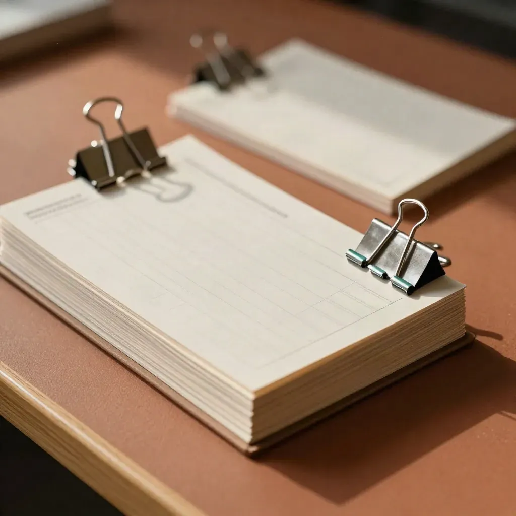 Vue plongeante de cartes de planning pédagogiques, clips métal et boîtes de modules sur terre cuite.
