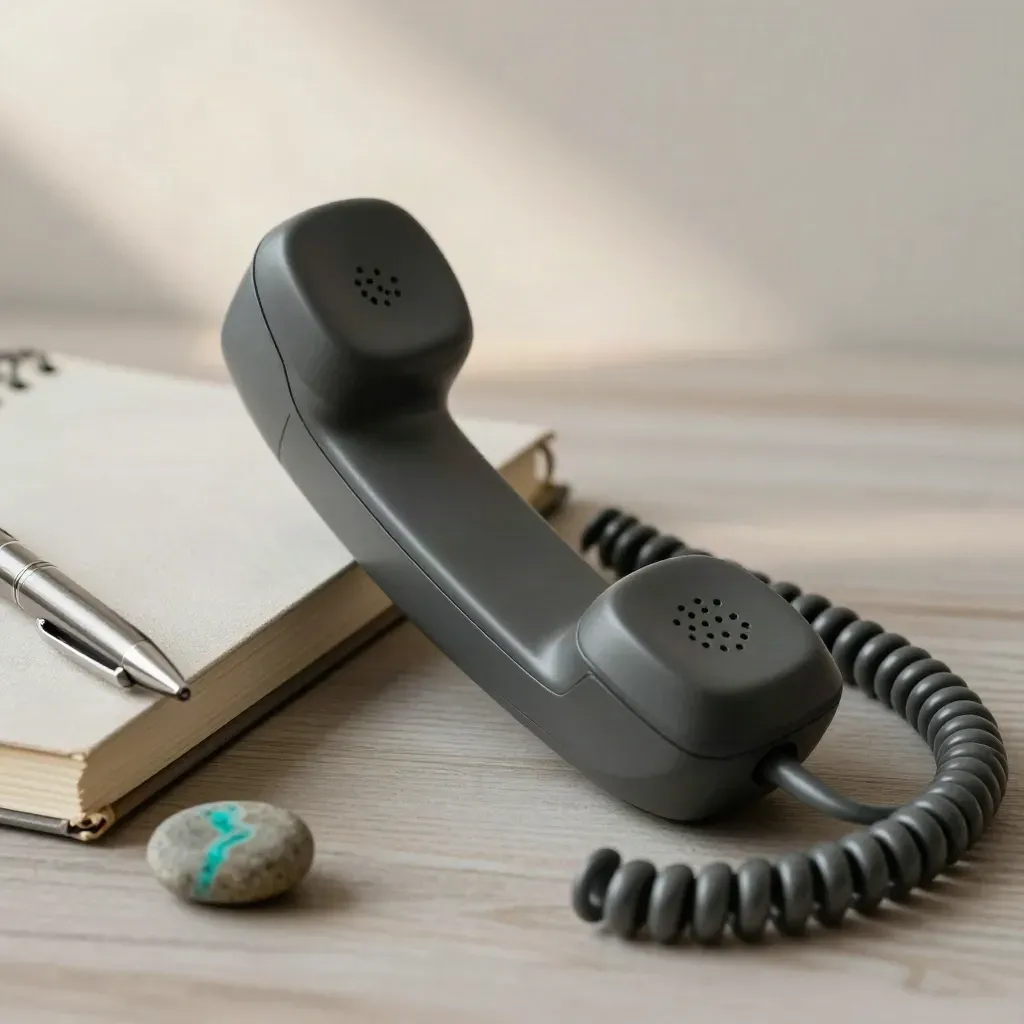 Combiné téléphonique mat, carnet fermé, stylo métal et galet d’équilibre sur bois clair.
