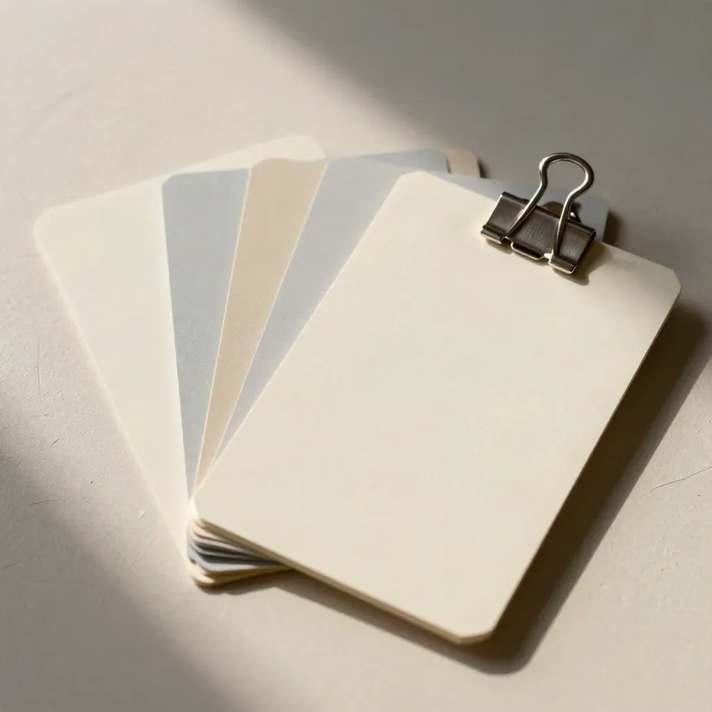 Cartes vierges en éventail, séparateurs pastel et clip métal sur surface claire, vue plongeante.