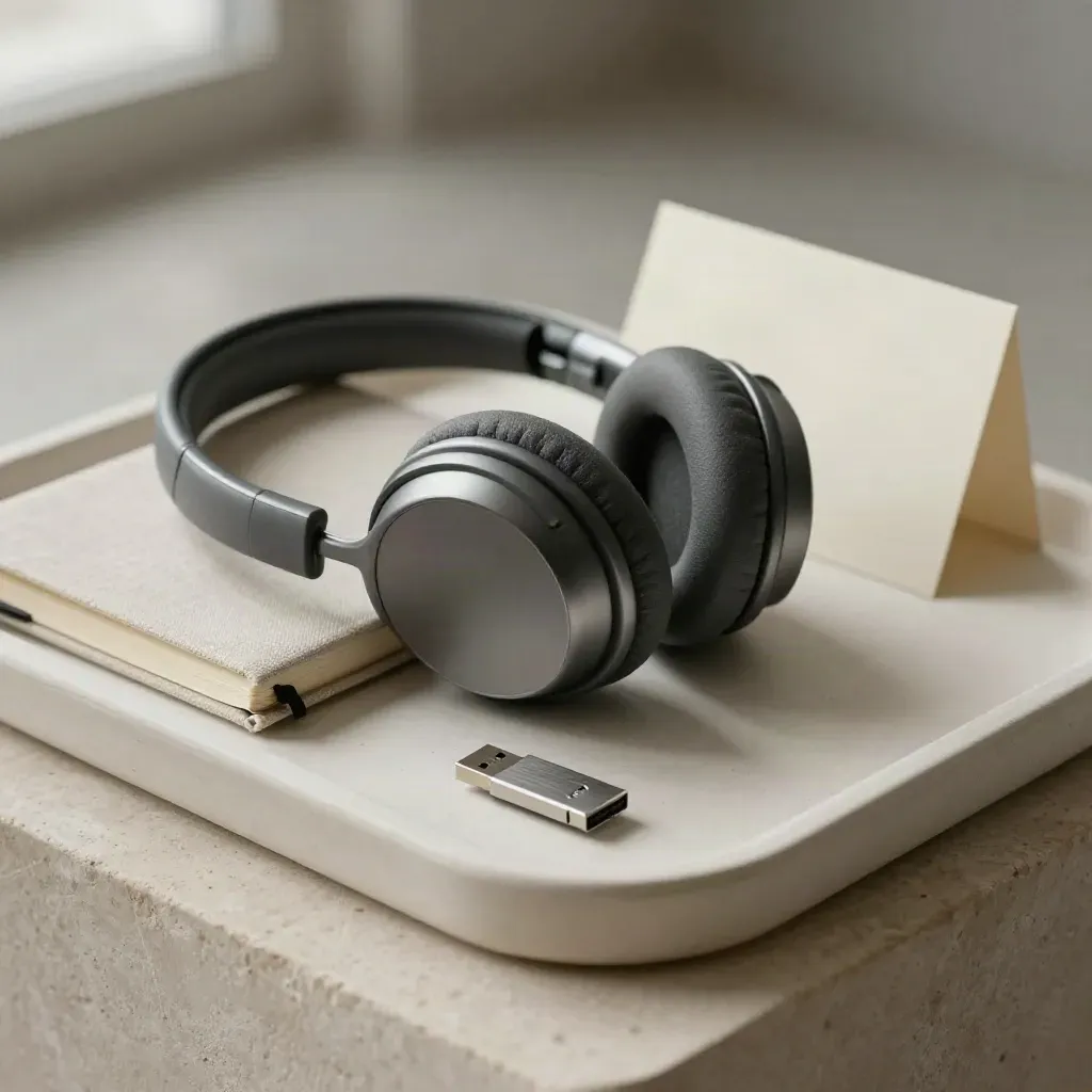 Casque, carnet et clé USB sur plateau en pierre claire, lumière douce et composition diagonale.