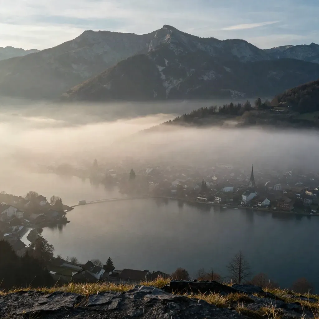 Annecy à l’aube, lac et montagnes noyés dans la brume, ville discrète en bas.