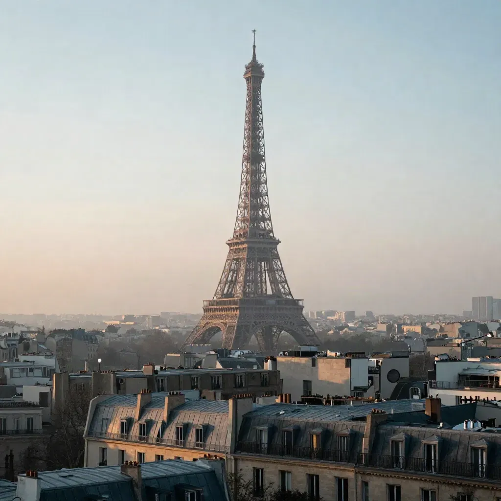 La tour Eiffel à l’aube dans la brume, toits parisiens et espace calme pour le texte.