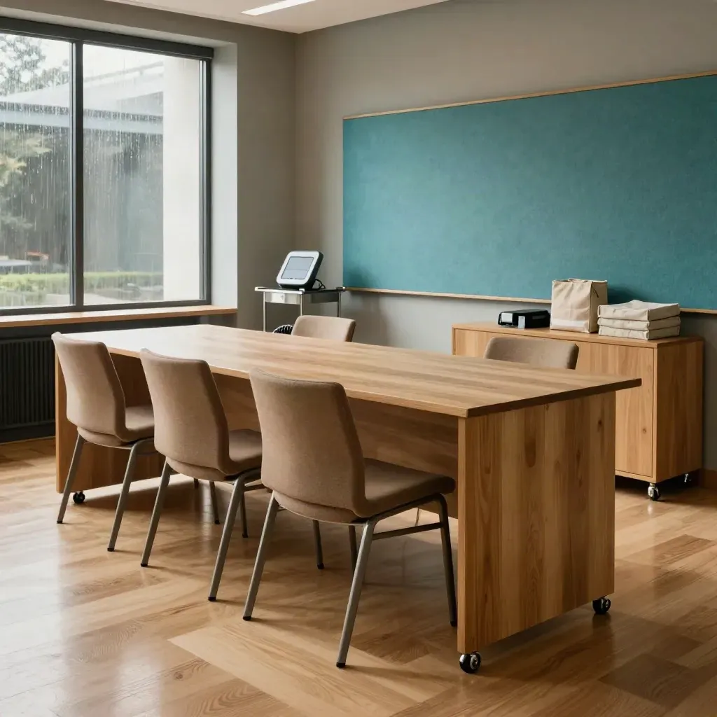 Salle de formation réorganisée, chaises vides et modules prêts, lumière chaude après la pluie.