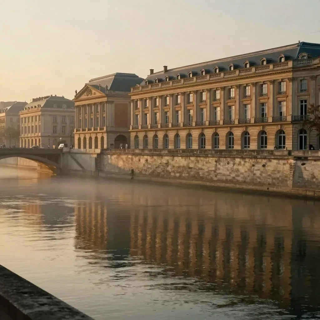 Vue de Bordeaux au coucher du soleil, quais dorés et eau miroir, grand espace calme pour le texte.