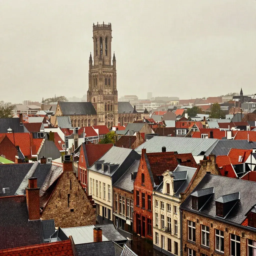 Vue large de Lille après la pluie, beffroi dans la brume et toits calmes en briques.