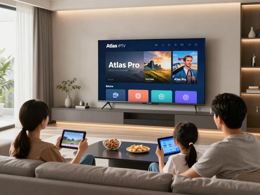 Découvrez l'application atlas pro iptv dans un salon moderne, famille regardant la télévision en direct.